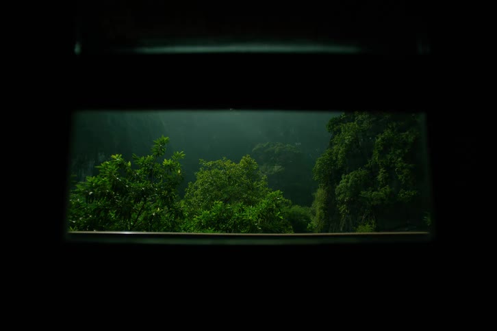 A view through a narrow dark window shows lush green trees and rocky cliffs in a misty valley during a dim and overcast day
