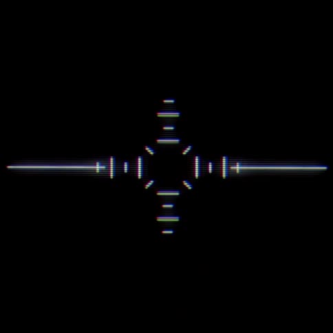 A screen has a black background and lines that for a target in the center