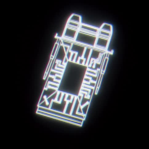 A glowing white rectangular graphic resembling a digital circuit board or a stylized electronic component floats vertically against a pitch black background featuring subtle chromatic aberration and a flickering scanline effect