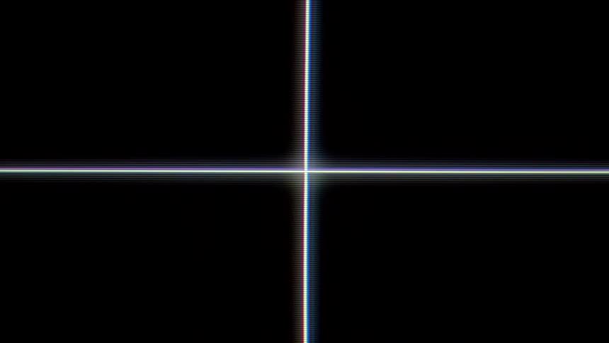 The video features a minimalist retrostyle animation of two intersecting glowing lines forming a crosshair on a black background the lines exhibit a distinct chromatic aberration and flickering effect reminiscent of an analog television or vintage crt