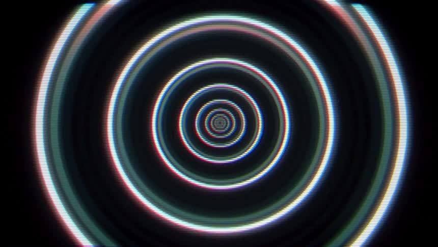 A view through a sequence of glowing white circular frames that expand toward the viewer against a dark background with a digital scan line effect