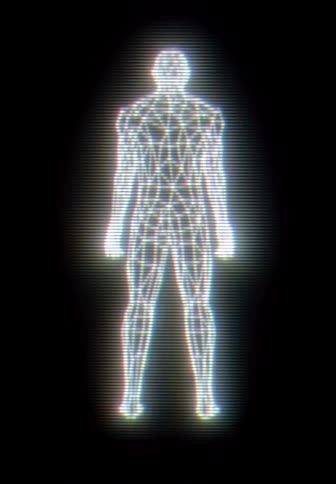 A screen displays a graphic of a human figure composed of lines