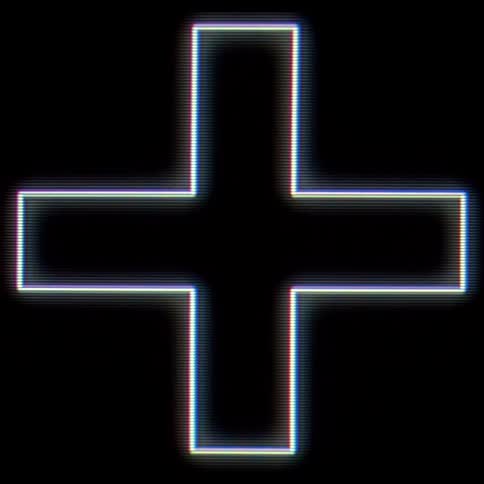 The video features a large glowing plus sign centered against a dark background outlined with a digital glitch effect