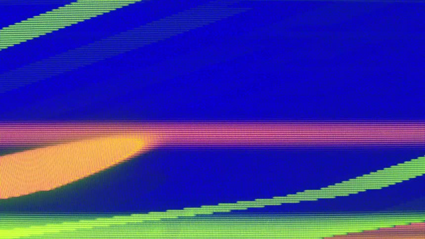 A screen shows a flickering and distorted image with many colors