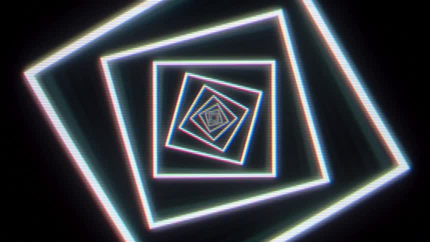 A view through a sequence of glowing white square frames that rotate and expand toward the viewer against a dark background with a digital scan line effect