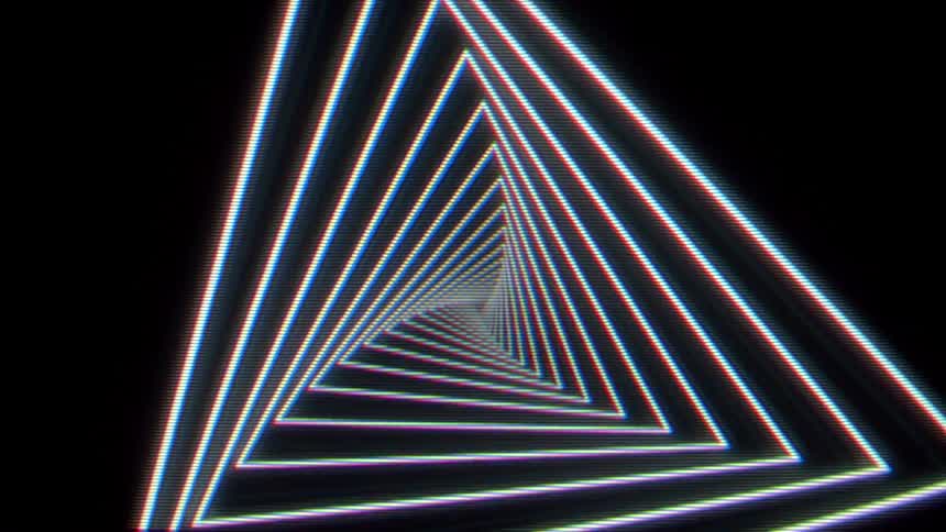 A view through a sequence of glowing white triangular frames that rotate and expand toward the viewer against a dark background with a digital scan line effect