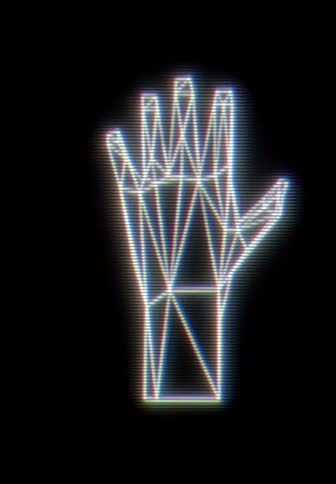 A glowing white wireframe of a human hand rotates slowly against a solid black background while displaying a retro digital aesthetic with flickering scan lines and a geometric grid structure that forms the palm and fingers
