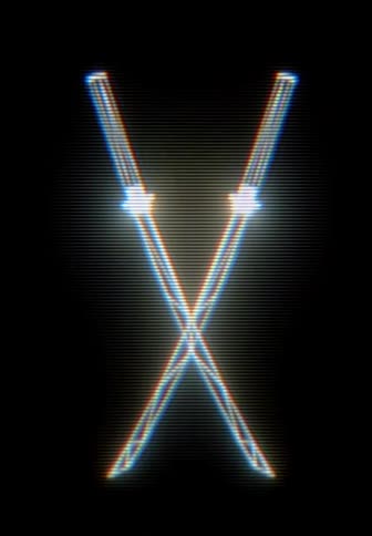 A close view of a glowing white digital illustration of two swords crossed in an x shape against a dark background with a fine horizontal line pattern