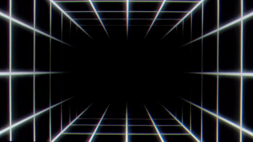 A view through a digital corridor made of glowing white grid lines that move toward the center against a dark background