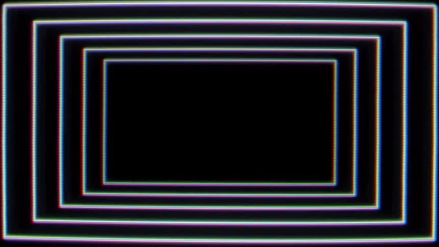 Multiple concentric rectangular borders pulse with a chromatic aberration effect creating a sense of depth like a glowing neon tunnela static watermark reading filmsupply remains centered in the dark void at the middle of the frame throughout the lo
