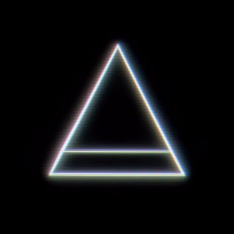 A glowing white pyramid with a digital scan line effect rotates slowly against a solid black background