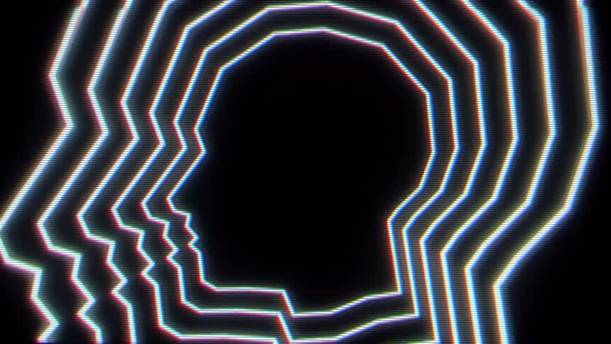 Multiple outlines of a human head form concentric shapes against a black background