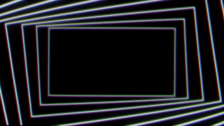 Glowing neon rectangles stack behind one another to create a deep geometric tunnel that recedes into a black void while thin lines of light display subtle rainbow color fringing along their edges