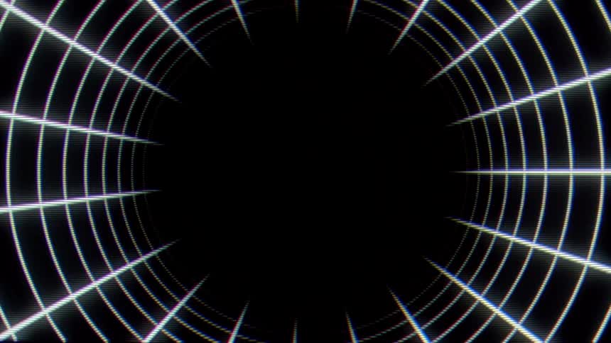 A digital animation features a white grid forming a circular tunnel that creates a sense of fast motion through a dark void as the glowing lines retreat into a central point of perspective