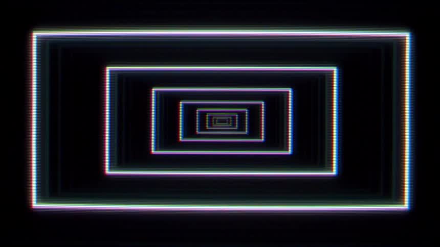 A view through a sequence of glowing white rectangular frames that expand toward the viewer against a dark background with a digital scan line effect