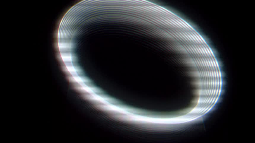 A glowing digital ring with distorted white and blue scan lines moves across a pitch black background in a smooth circular motion while showing subtle chromatic aberration on its edges