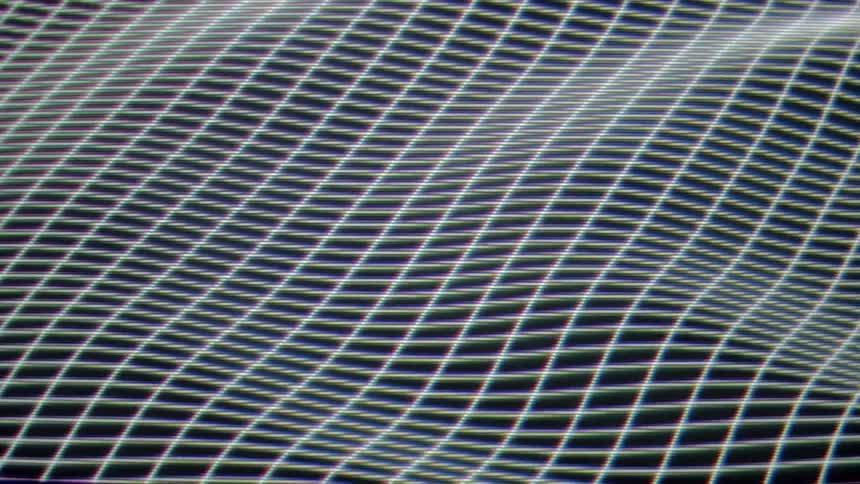 A close view of a glowing white digital grid with curved lines that shift and move like waves across a dark background