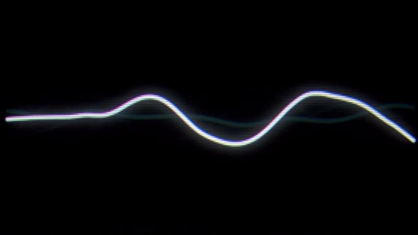 A glowing white waveform that undulates across a black background mimicking the appearance of an electronic audio signal or heart rate monitor the movement is fluid and rhythmic accompanied by fainter bluetinted echo lines that create a sense of dept