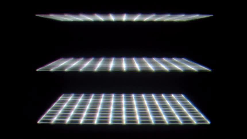 The video features three glowing retrostyle grid planes stacked vertically against a black background these planes move with a subtle digital glitch effect expanding and contracting as if part of a futuristic data visualization or 1980s synthwave anim
