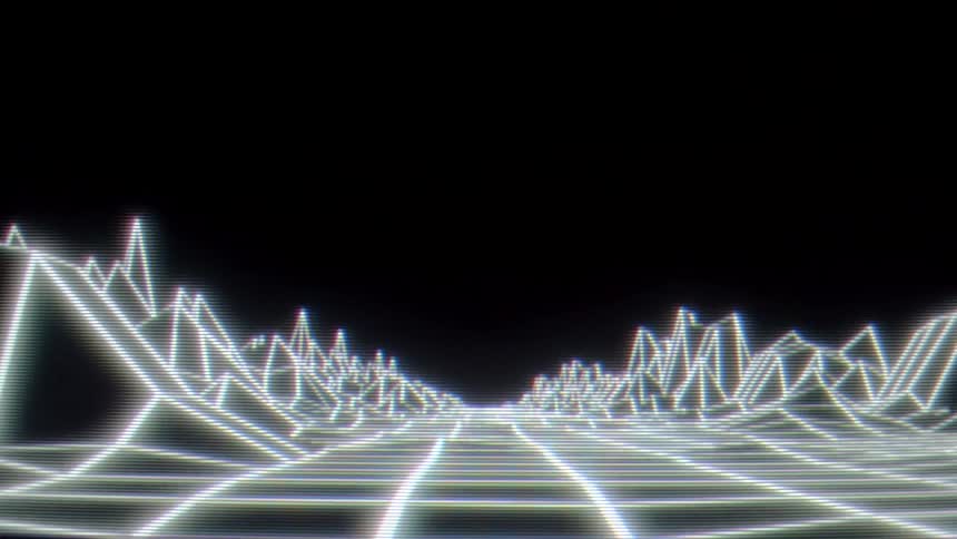 This video showcases a retrostyle synthetic landscape featuring a glowing white wireframe grid that moves continuously forward the terrain is flanked by jagged mountainlike peaks and rendered with digital scanlines and chromatic aberration for a 1980s