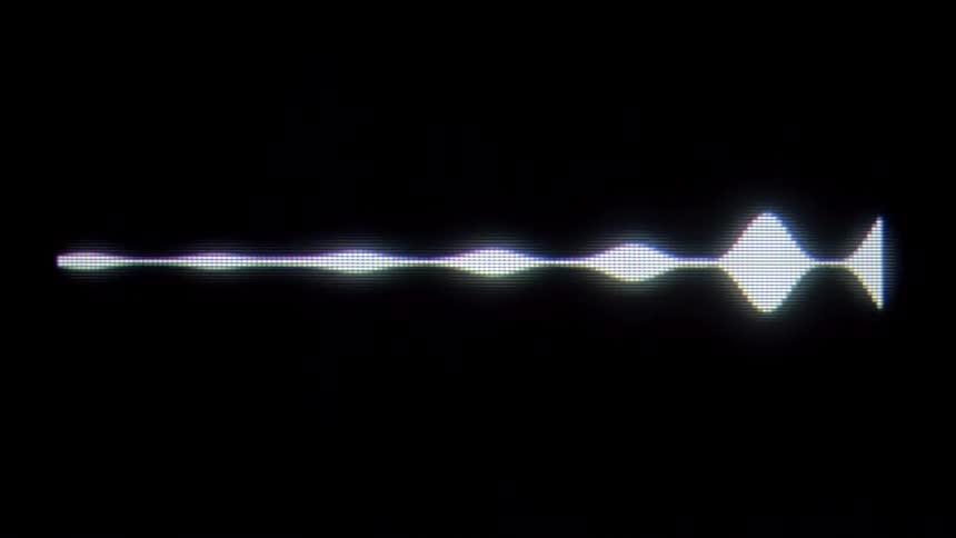 This video displays a glowing white audio waveform that pulsates and shifts across a dark pixelated background the visual style mimics a retro monitor or oscilloscope with the frequency peaks expanding and contracting in a rhythmic motion