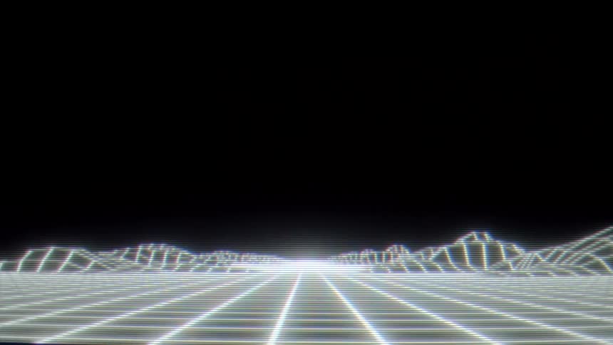 The video showcases a retrostyle glowing wireframe landscape that moves toward a bright horizon against a black background it features a distinct 1980s synthwave aesthetic and includes a filmsupply watermark throughout the footage