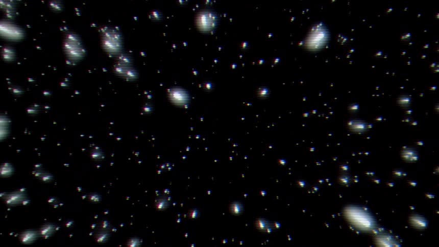The video displays a field of glowing white dots moving toward the camera creating a visual effect that resembles traveling through space these particles exhibit a retro digital distortion appearing with scanlines and faint color separation similar to