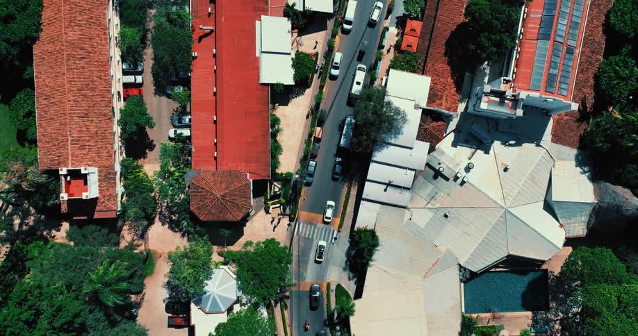 The video features a topdown aerial view of a narrow street lined with various buildings and lush green trees cars and buses navigate the road as the camera slowly glides forward revealing the textures of redtiled roofs and sunlit sidewalks