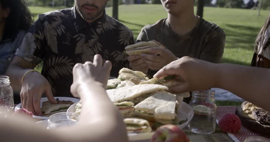 A group of people dine at an outdoor picnic table