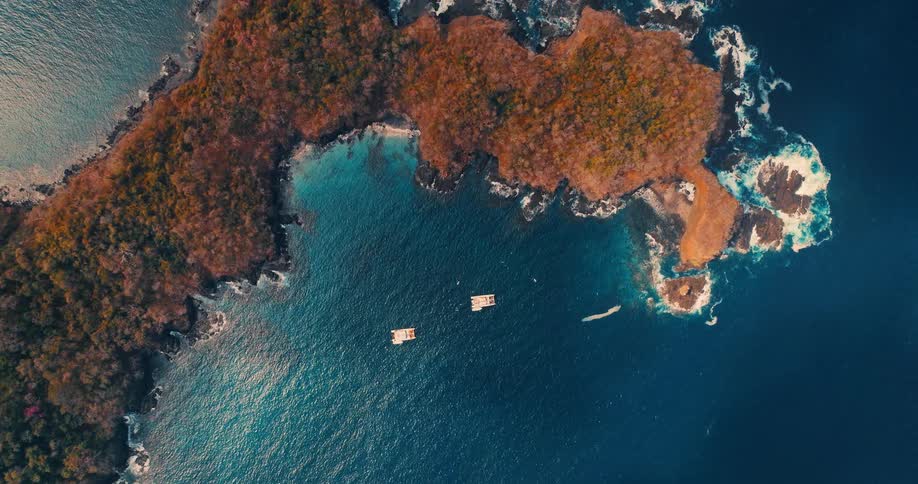 A deep blue bay surrounded by rugged rocky cliffs and orange autumn foliage along a tropical coastline where waves crash against the jagged shore and hidden sandy beaches