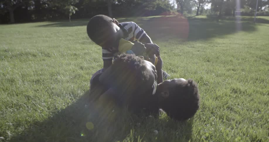 A group of children roll around and play in the grass