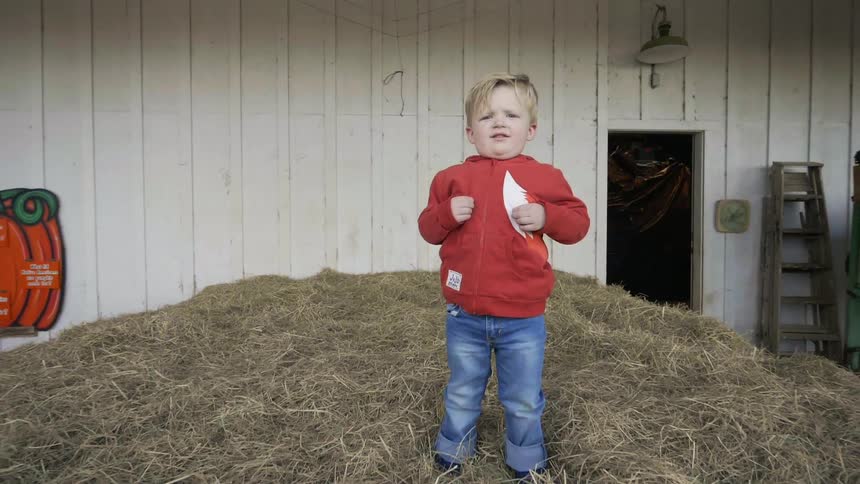 A young boy stands atop a pile of hay