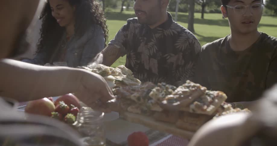 A group of young people feast at a picnic