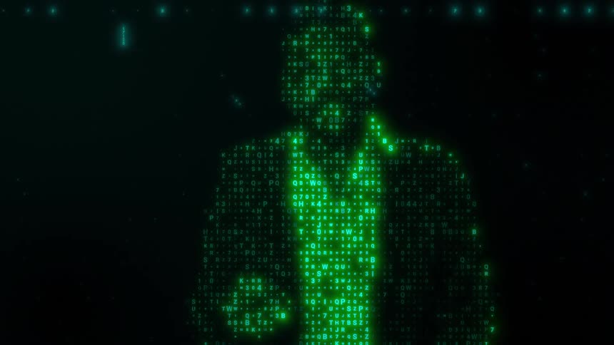 A digital silhouette of a man wearing a suit is formed by glowing green characters and symbols that shift and flicker against a dark background with scattered light particles