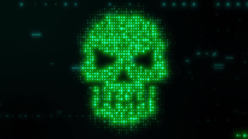 A glowing green skull composed of shifting matrix code and binary sequences zooms toward the camera against a dark digital background with soft blue light flares and a grid pattern