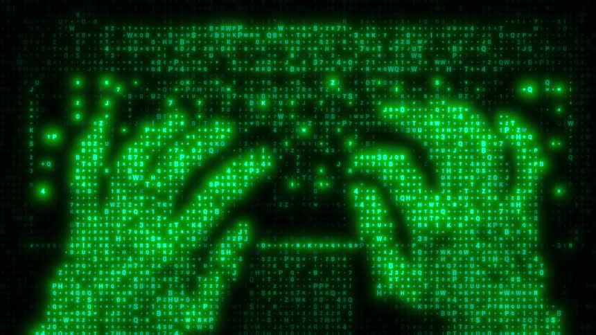The hands are typing under green colored boxes in the digital art