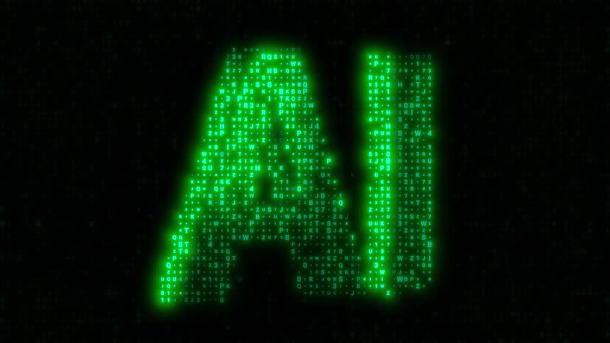The letters ai appear in bright green digital characters and symbols that flicker and shift against a dark background with scattered glowing light particles