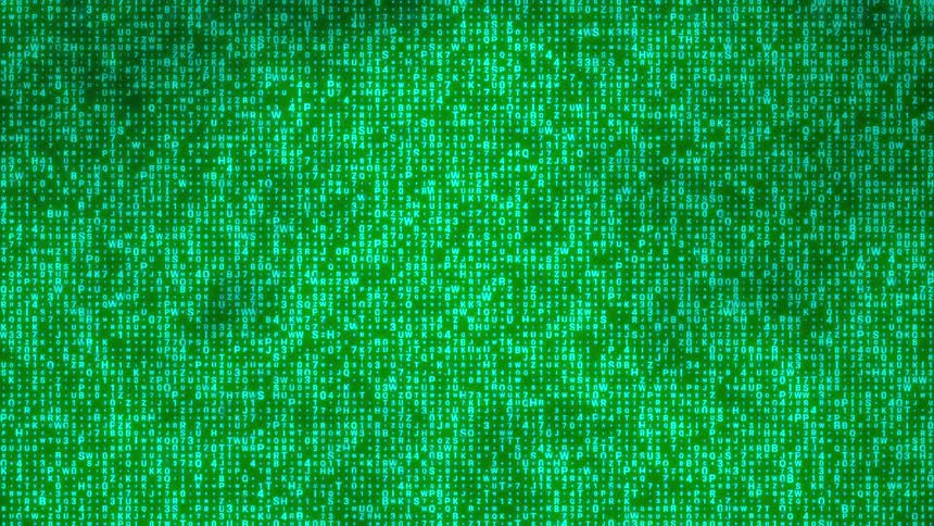 A close view of a human eye is formed by glowing green digital characters and symbols that shift and flicker against a dark background with scattered light particles