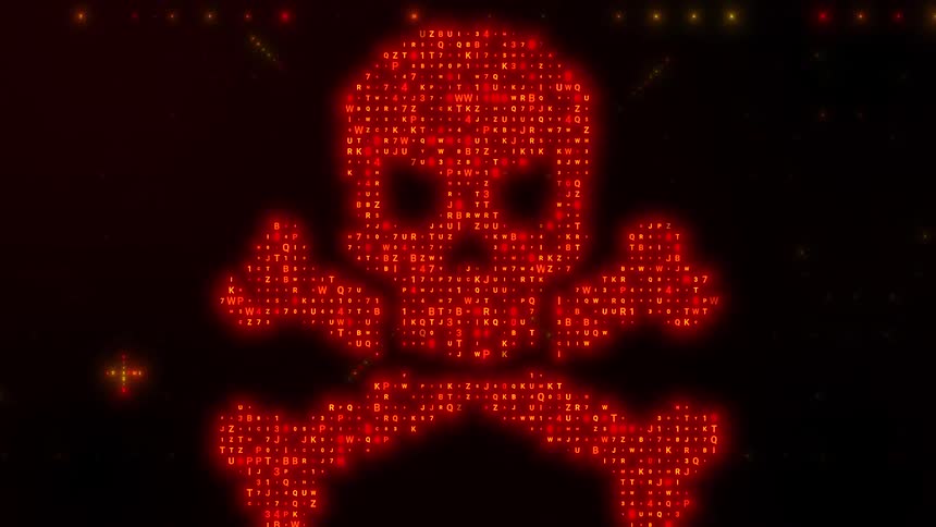 A glowing red skull and crossbones made of digital characters zooms toward the viewer against a dark background filled with flickering amber data particles