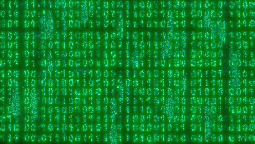 A green digital background consists of columns of falling binary numbers and characters that flicker and move across the entire screen