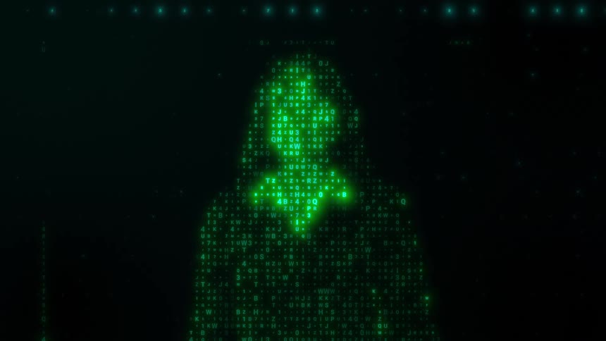 A digital silhouette of a woman is formed by scrolling green computer code on a dark screen