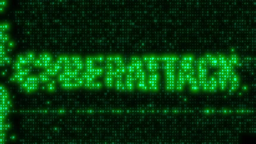 A glowing green cyberattack text sits at the center of the frame constructed from a grid of flickering digital characters and symbolsthe background consists of a dense scrolling field of alphanumeric code that pulses and glitches creating a hight