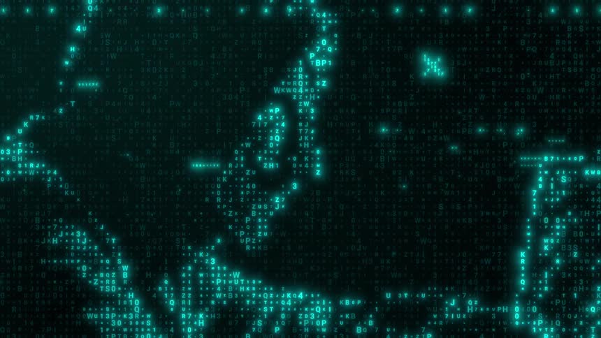 Digitized image of a man typing on a computer reveals the anonymous hacker