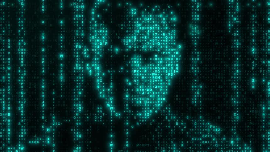 Digitized glitching face of a man speaking as letters in the matrix fall down across the screen