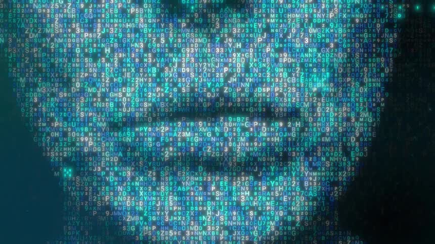 A digital human face emerges from a dense cloud of glowing blue numbers and letters that flicker against a dark void as the camera zooms in closely on the mouth and chin area