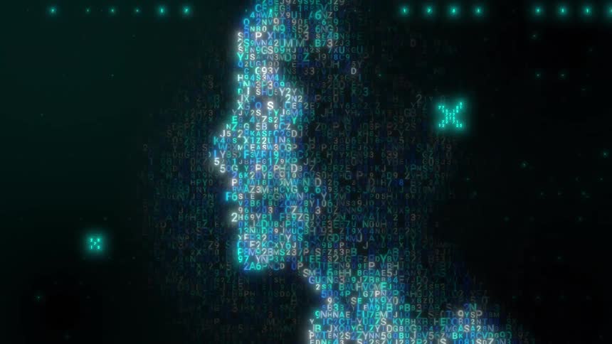 A digital human profile composed of flickering blue and green code symbols shifts against a dark background filled with glowing particles and data streams