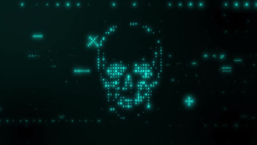 Digitized skull made of changing letters in the center of flashing symbols on a black screen
