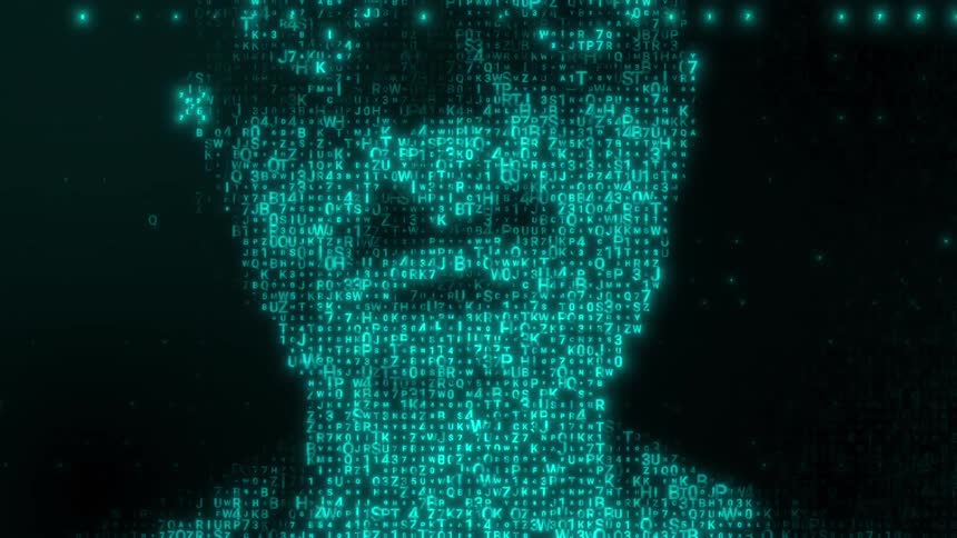 A human face is formed by glowing blue digital characters and symbols that shift and flicker against a dark background with scattered light particles