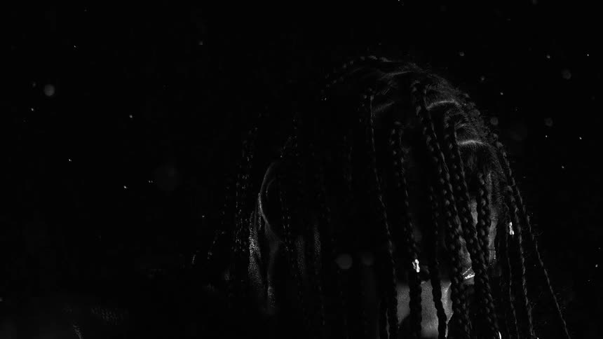 The video features a person with long braids illuminated by highcontrast lighting against a dark background fine particles or water droplets drift through the air around them creating a dramatic cinematic atmosphere in black and white