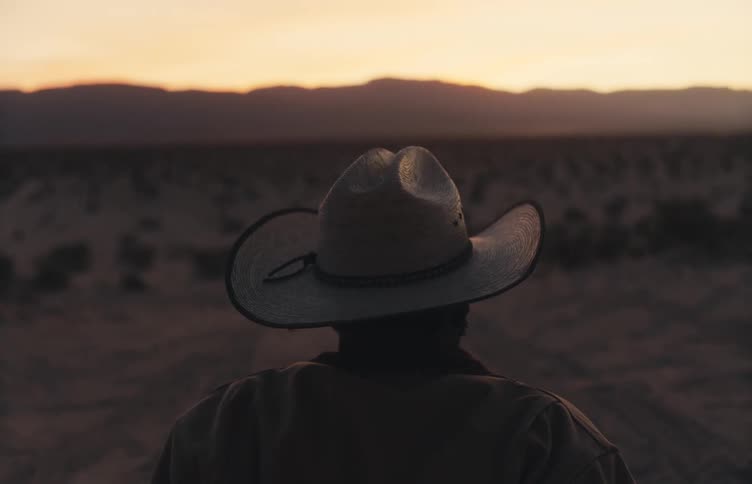 Man wearing a cowboy hat facing desert mountains in the distance